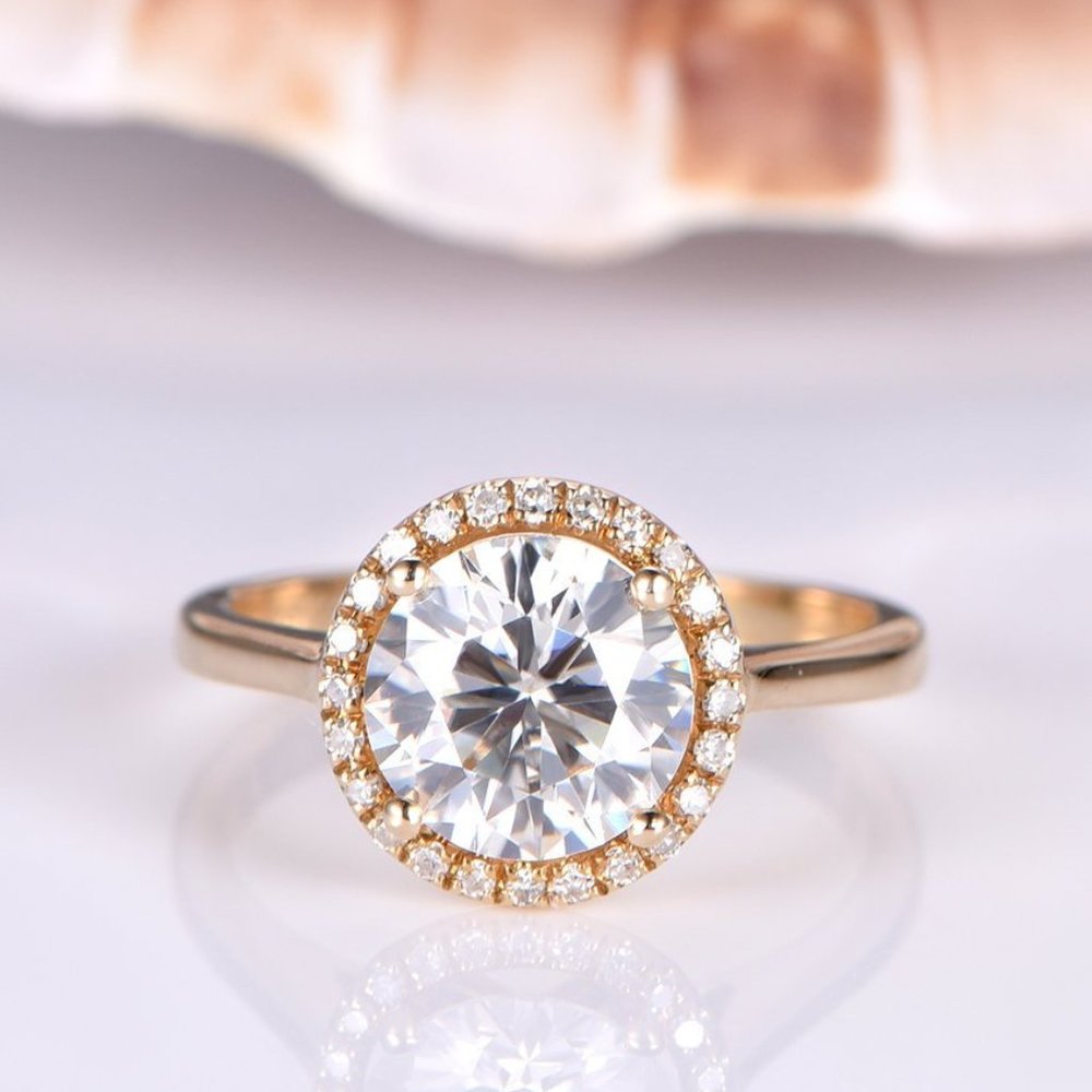8mm Round Moissanite Diamond Ring 14k Yellow Gold